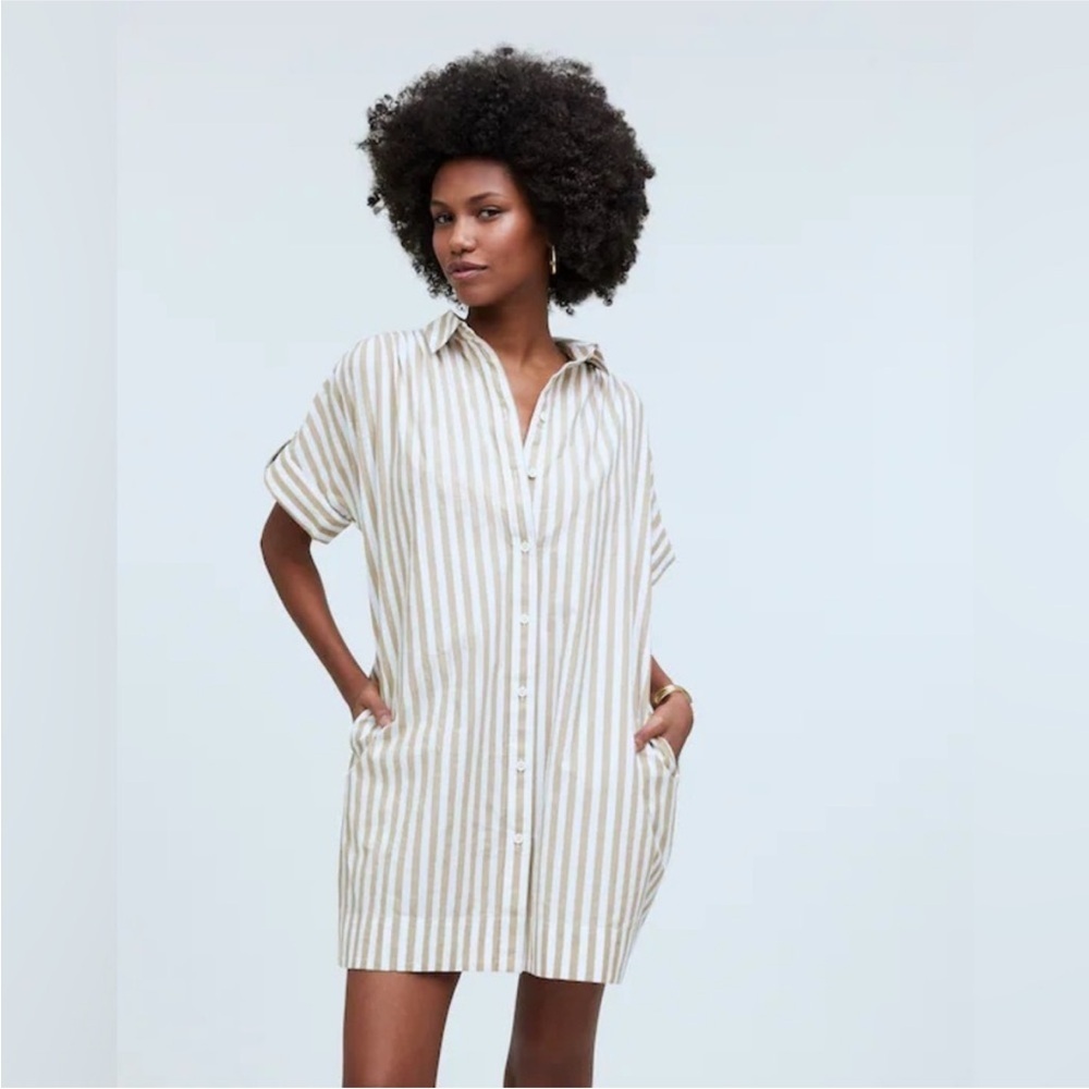 Madewell Beige and White Striped Button‑Front Mini Dress size medium